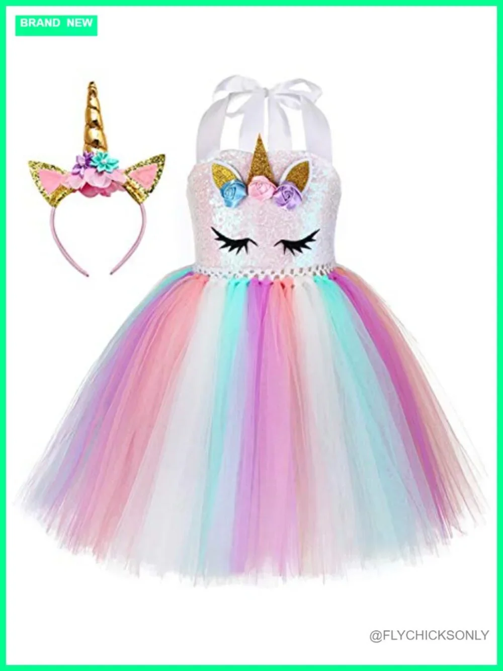 Girls Sequin Unicorn Tutu Dress with Headband Birthday Party Costume Sizes 1-10Y